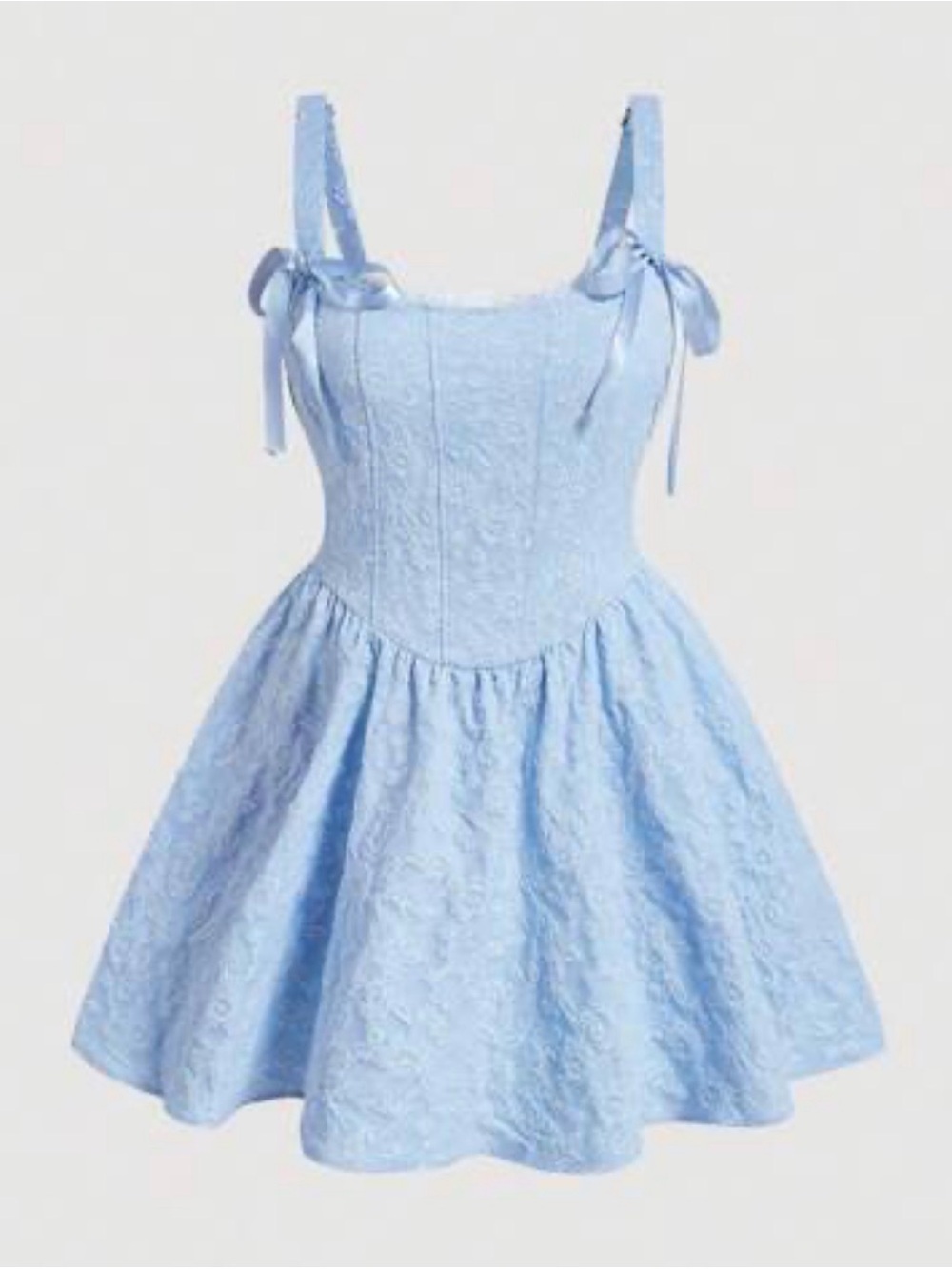 Trixxi Light Blue Jacquard Fit Flare Dress Large Spaghetti Strap Tie Shoulder